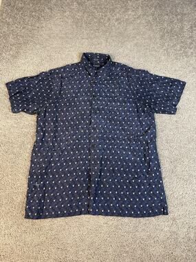 Marc Edwards Shirt Mens L Blue Short Sleeve Button Up Silk Relaxed Pattern